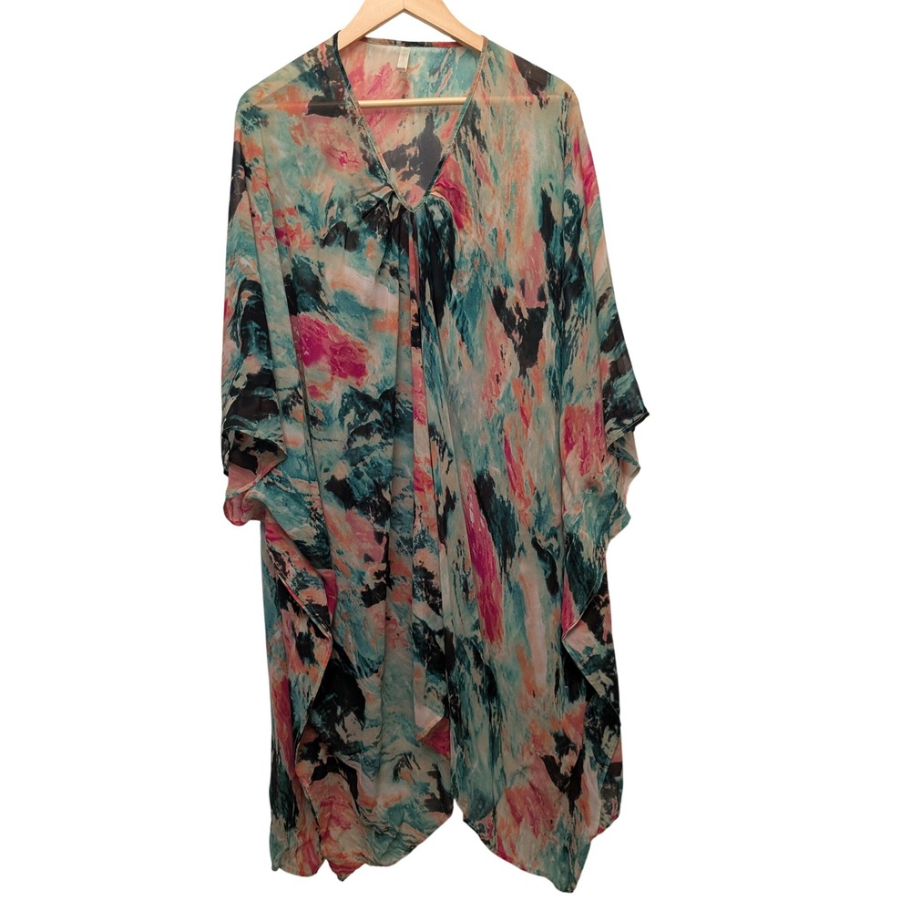 De La Mer 1981 100% Silk Kimono Abstract Watercolor Coverup Beach Resort Wear